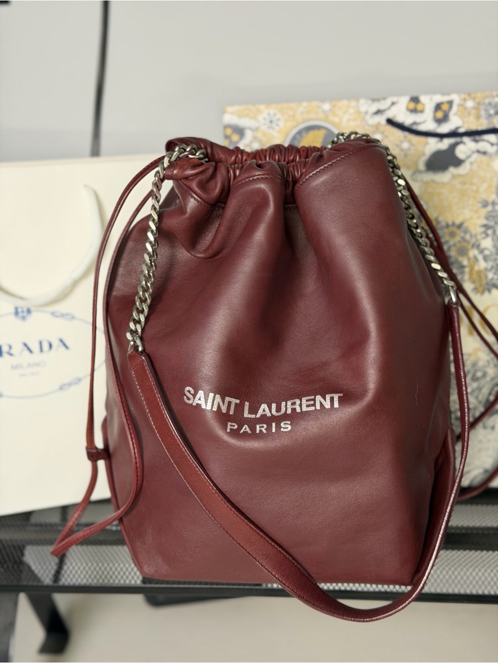 Saint Laurent Teddy Bucket Bag Burgundy Red Leather Silver Chain Authentic